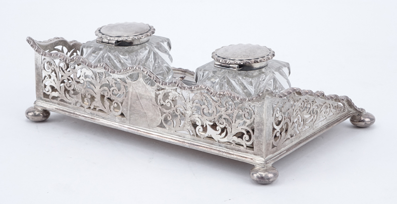 Antique English Silver and Crystal Inkstand. Signed with English Hallmarks Birmingham 1916.