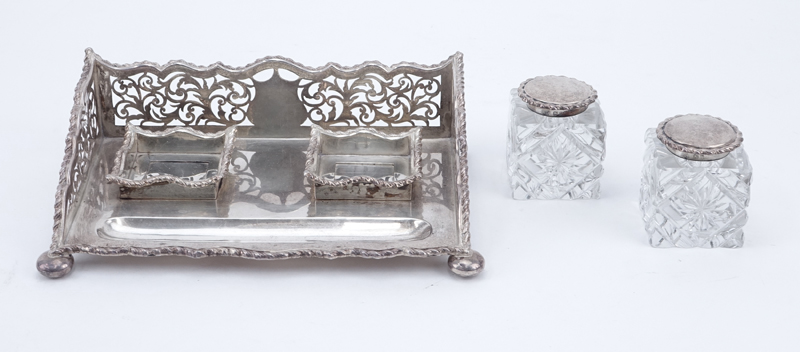 Antique English Silver and Crystal Inkstand. Signed with English Hallmarks Birmingham 1916.