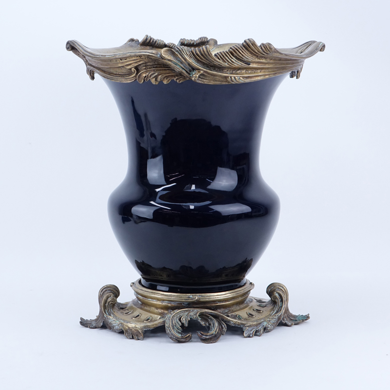 Large Modern Gilt Bronze Mounted and Cobalt Blue Porcelain Urn on Bronze Base.