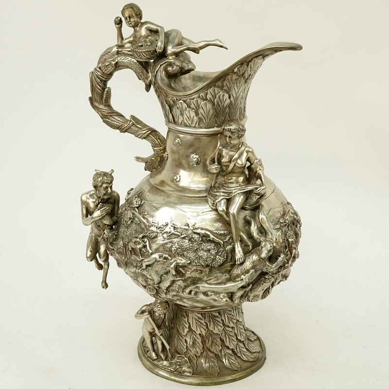 Modern Silvered Bronze Ewer with Raised Relief.