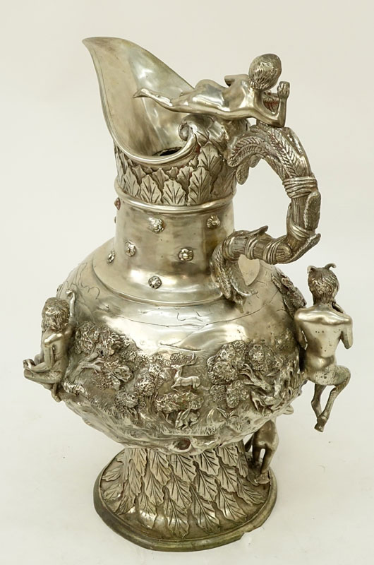 Modern Silvered Bronze Ewer with Raised Relief.