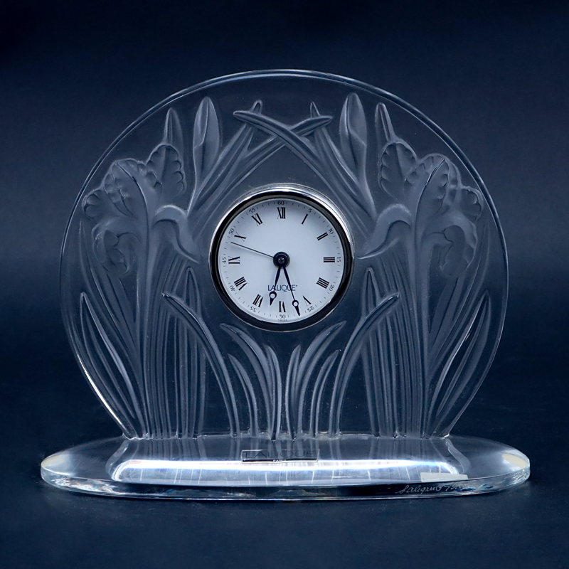 Lalique Iris Crystal Clock. Signed lower and has original sticker labels.