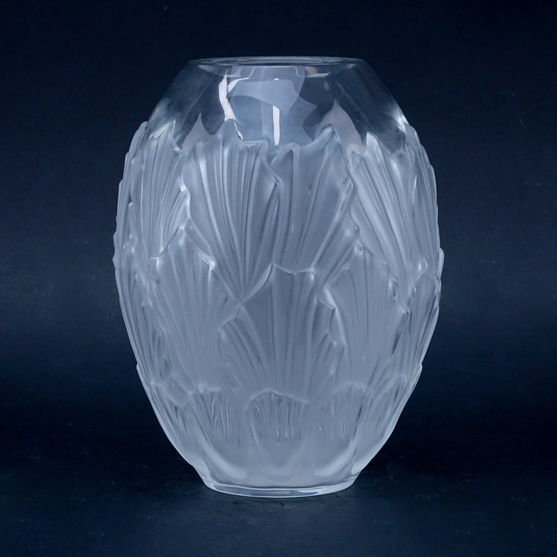 Lalique Crystal Deco Style Leaf Motif Vase.