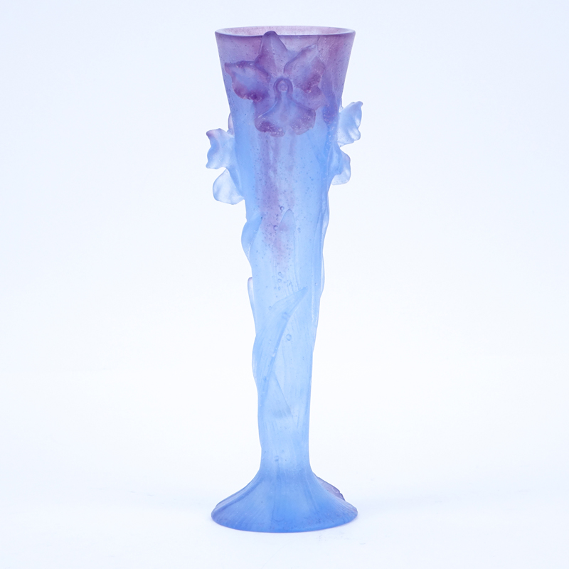 Daum Pate De Verre Vase. Iris motif in blue and purple.