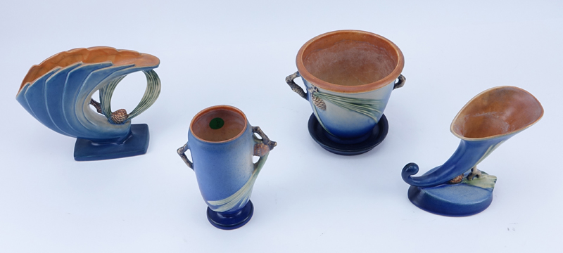 Four Pieces Roseville Blue Pine Cone Pottery Table Wares.