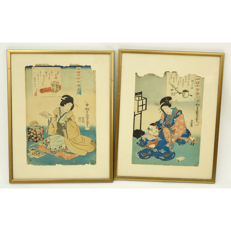 Two Japanese Colored Woodblock Prints. Framed AS IS condition.