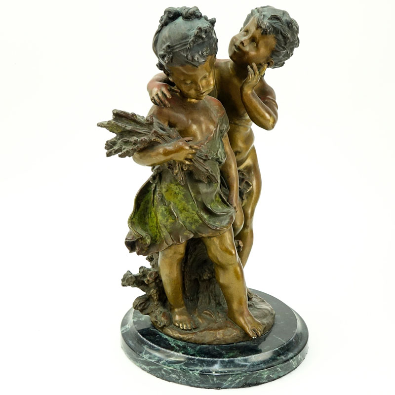 After: August Moreau, French (1834-1917) "A Confidence" Patinated Bronze Sculpture on Green Marble Base. 