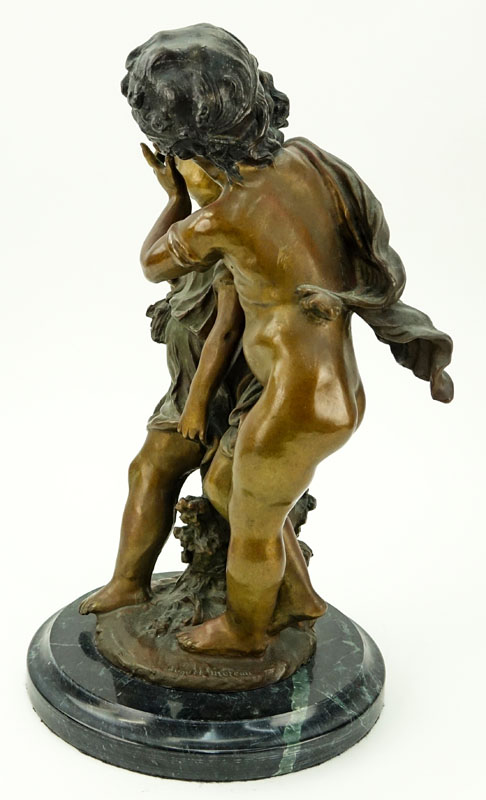 After: August Moreau, French (1834-1917) "A Confidence" Patinated Bronze Sculpture on Green Marble Base. 