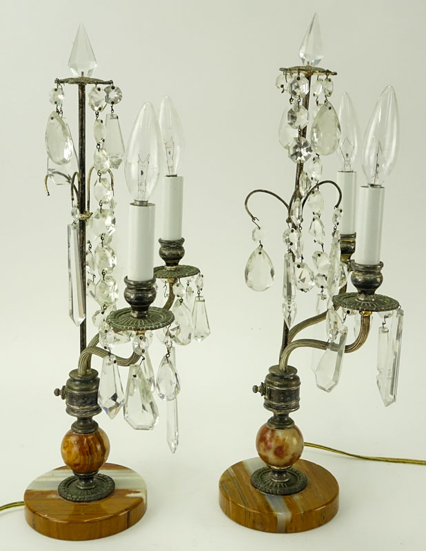 Pair of Art Deco Onyx and French Metal Candelabra Lamps with Hanging Prism.