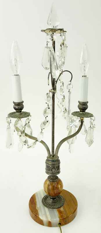 Pair of Art Deco Onyx and French Metal Candelabra Lamps with Hanging Prism.