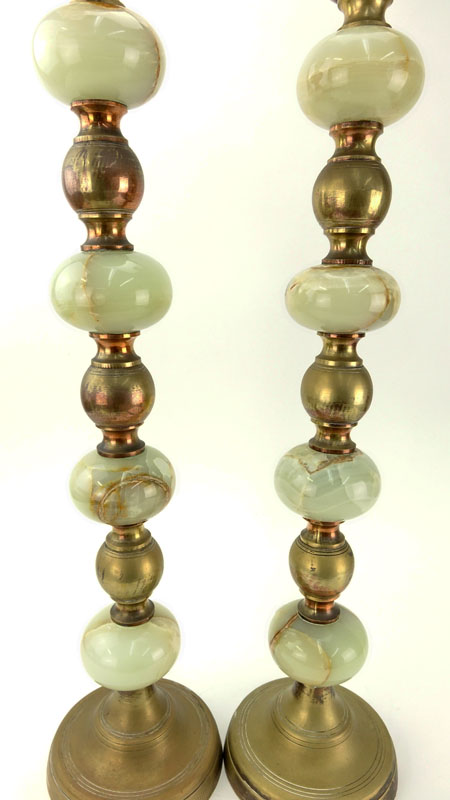 Pair of Tall Mid Century Brass and Onyx Candlesticks.