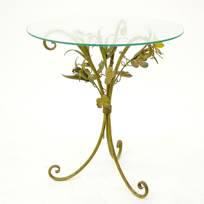 Mid-Century Italian Tole Occasional Table With Leaves and Insects.