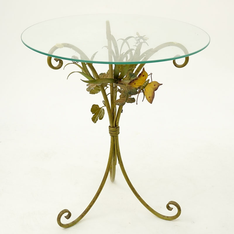Mid-Century Italian Tole Occasional Table With Leaves and Insects.