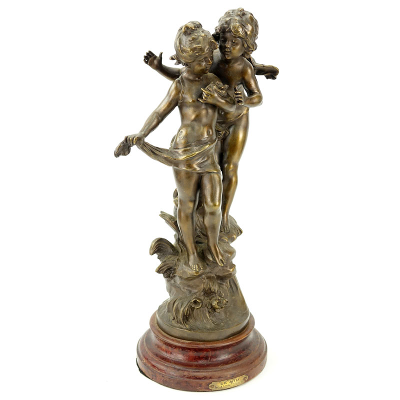 After: August Moreau, French (1834-1917) "Le Nid" White Metal Sculpture on Wooden Base.