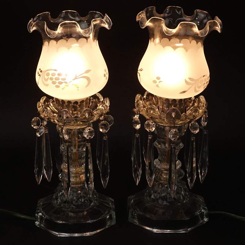 Pair Vintage Luster Style Glass Lamps With Prisms.