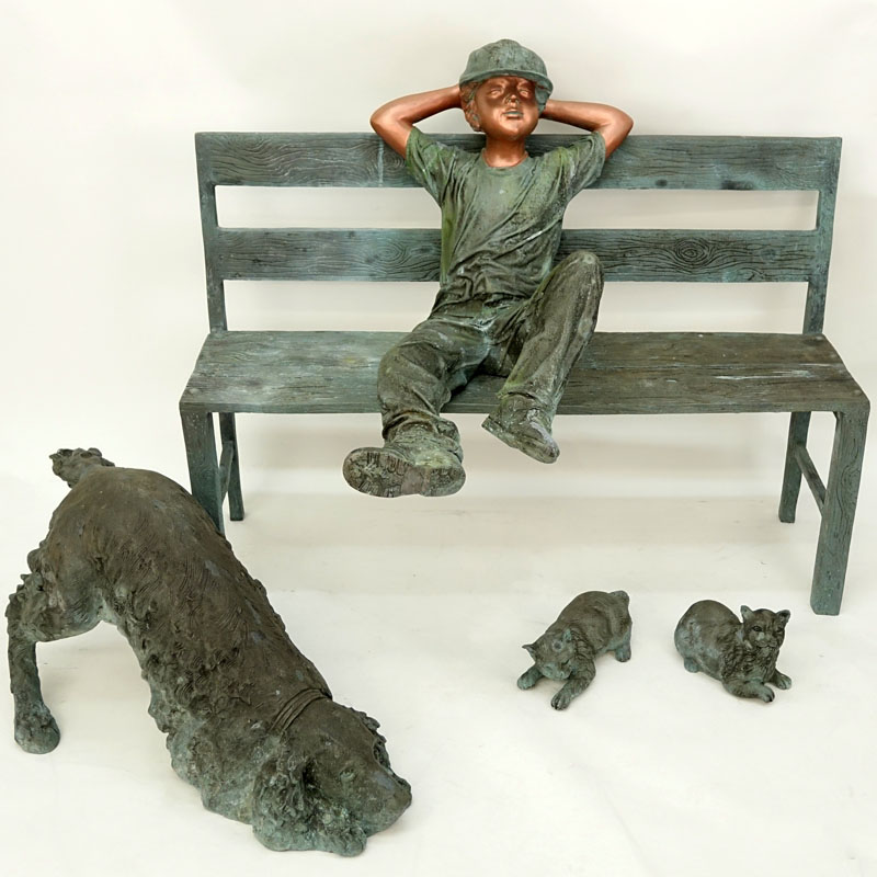 Life-Size Modern Bronze Sculpture "Boy On Bench With Cats and Dog".