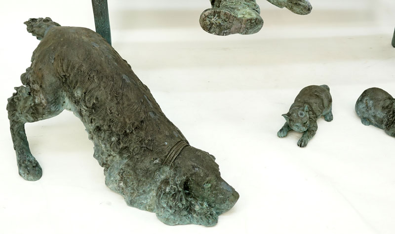 Life-Size Modern Bronze Sculpture "Boy On Bench With Cats and Dog".