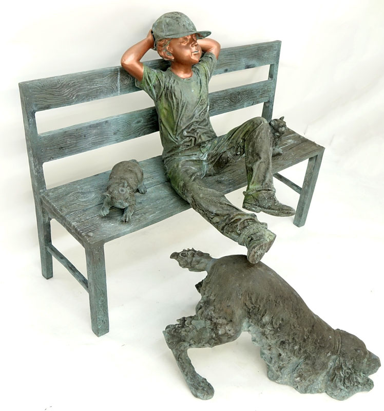 Life-Size Modern Bronze Sculpture "Boy On Bench With Cats and Dog".