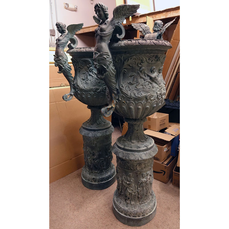 Pair of Monumental-Size  Neoclassical Style Bronze Urns.