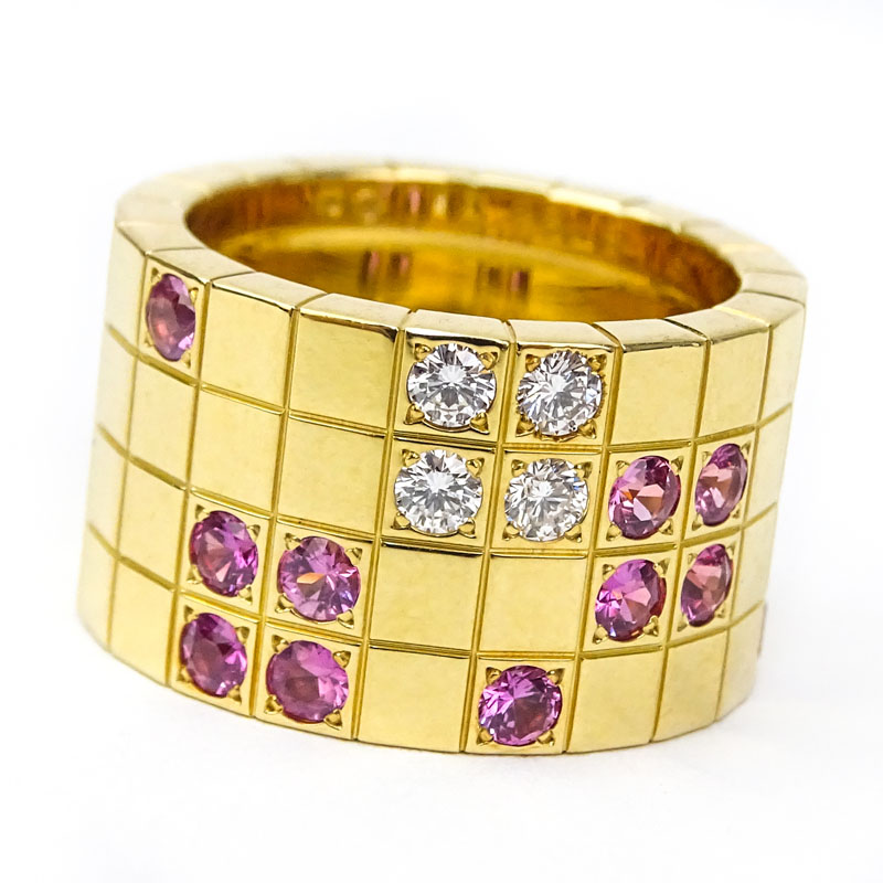 Cartier Diamond, Pink Sapphire and 18 Karat Yellow Gold Payette Ring. 