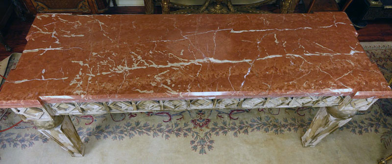 Mid Century Neoclassical Style Marble Top Console Table.