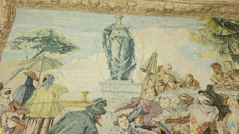 Large French "Tiepolo Masquerade" Wall Hanging Tapestry by D'art de Rambouillet. Label affixed en verso. 