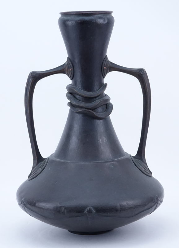 Hans Eduard Von Berlepsch Valendas Hand Hammered and Chased Copper Vase with Cast Bronze Handles.