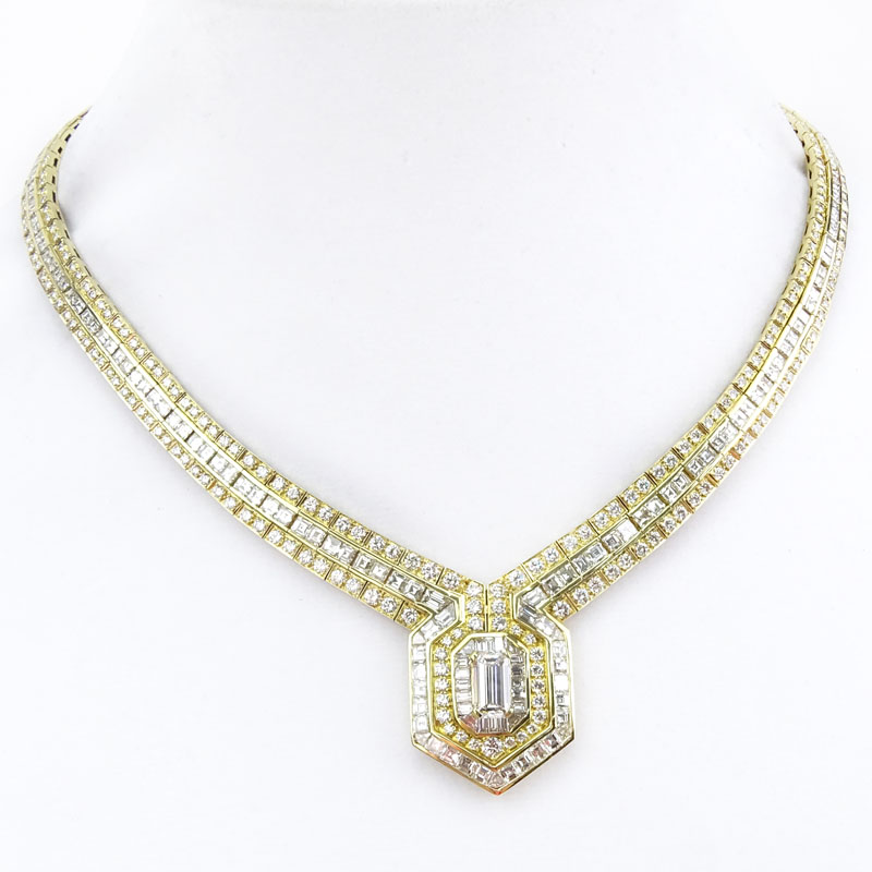 Stunning 31.22 Carat TW Emerald Cut, Round Brilliant Cut and Princess Cut Diamond and 18 Karat Yellow Gold Pendant Necklace. 