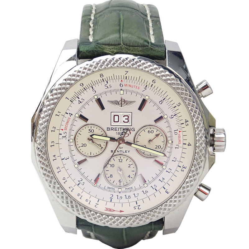 Man's Breitling Bentley Stainless Steel Chronograph with Green Crocodile Strap.