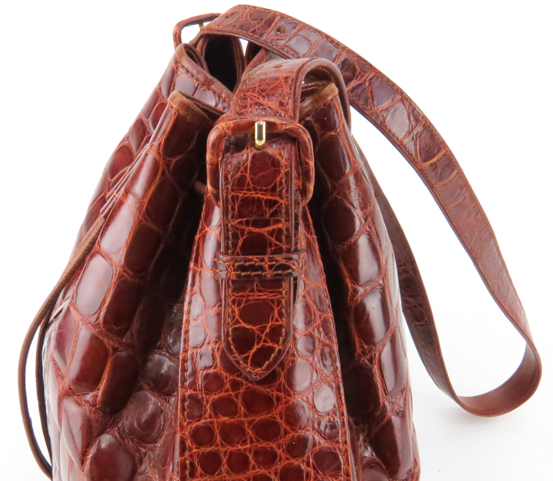 Lana Marks Russet Crocodile Drawstring Bucket Bag.