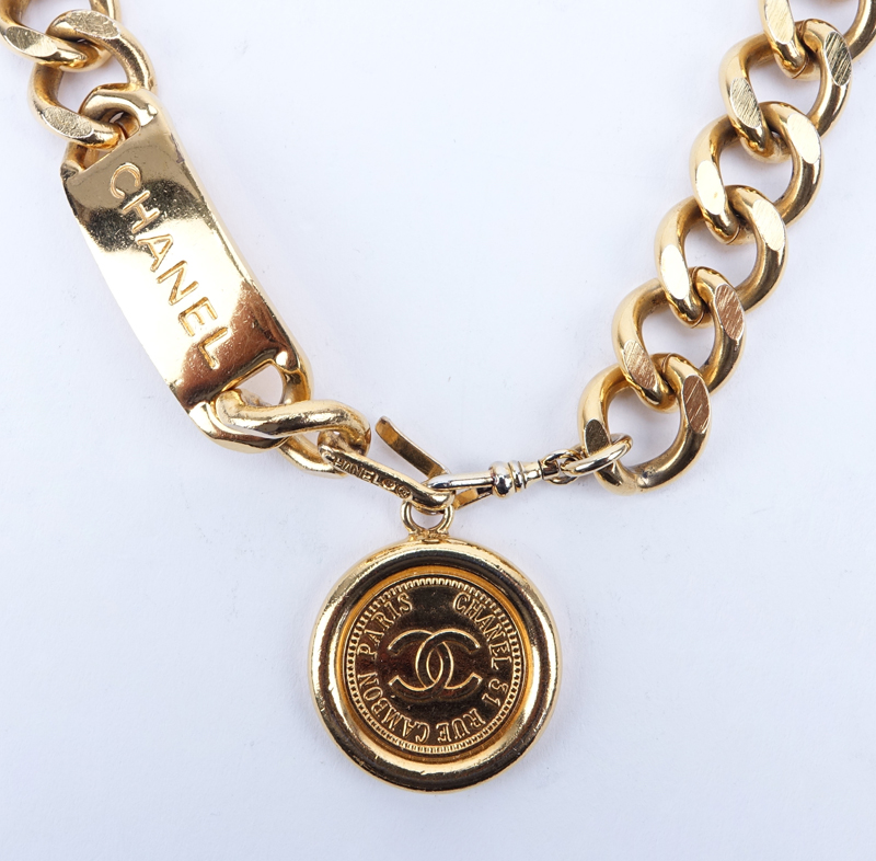 Chanel CC Single Strand Gold Tone Chain Tag & Coin Drop Belt.