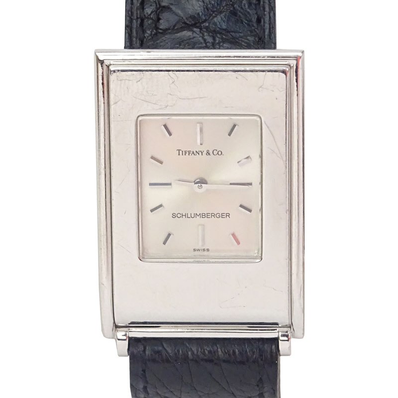 Vintage Tiffany & Co Schlumberger 18 Karat White Gold Watch with Swiss Quartz Movement and Ostrich Strap.