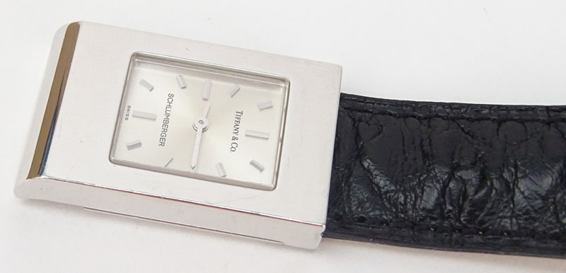 Vintage Tiffany & Co Schlumberger 18 Karat White Gold Watch with Swiss Quartz Movement and Ostrich Strap.