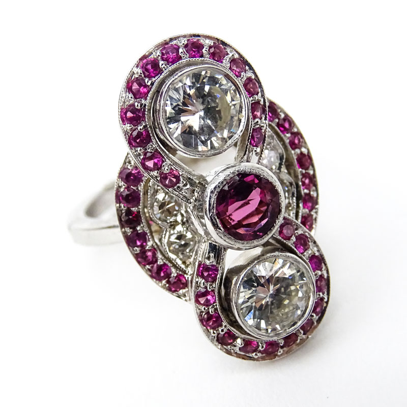 Vintage Approx. 2.0 Carat Round Brilliant Cut Diamond, 2.50 Carat Ruby and 14 Karat White Gold Ring. 