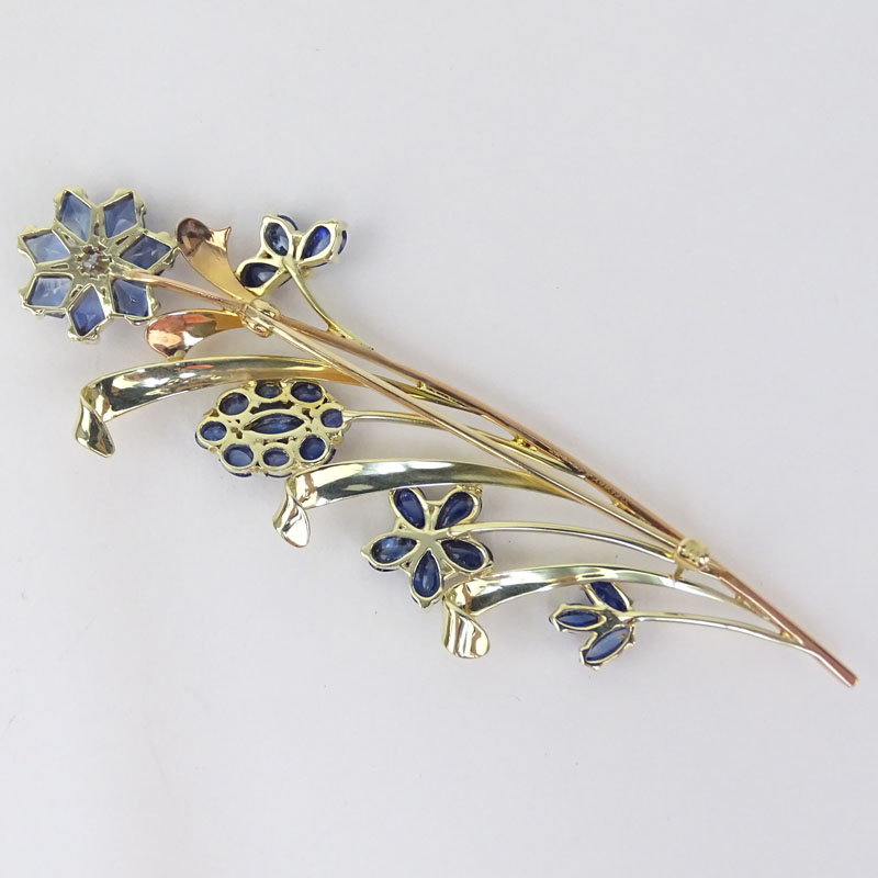 Retro Tiffany & Co Approx. 6.0 Carat Cabochon Sapphire, Diamond and Two Tone 14 Karat Gold Flower Brooch. 