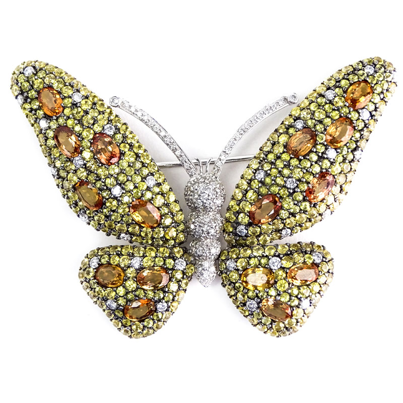 Approx. 20.31 Carat Yellow Sapphire, 1.82 Carat Round Brilliant Cut Diamond, Oval Cut Citrine and 18 Karat White Gold Butterfly Brooch.