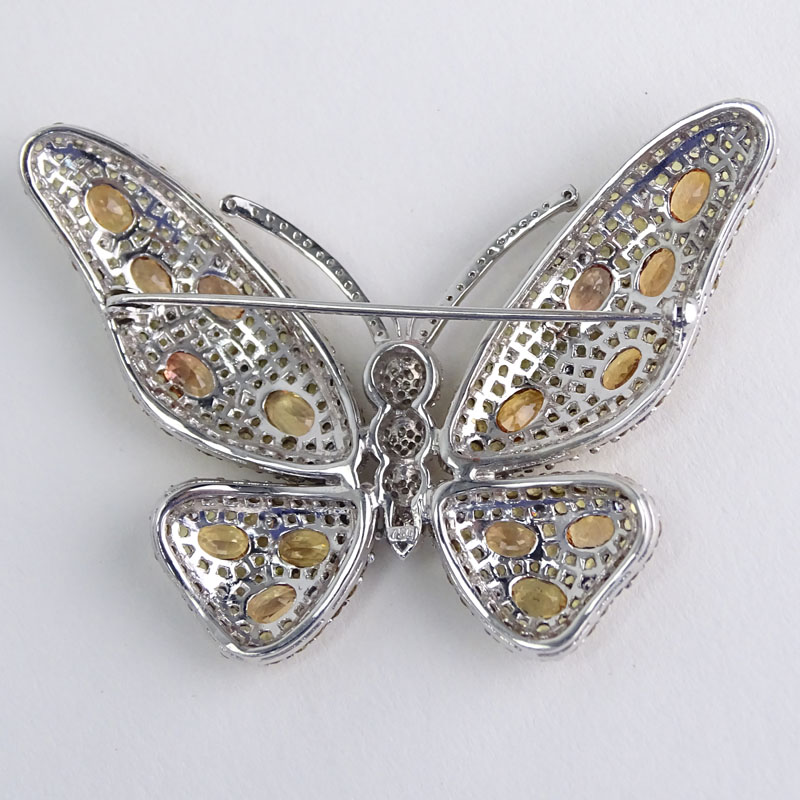 Approx. 20.31 Carat Yellow Sapphire, 1.82 Carat Round Brilliant Cut Diamond, Oval Cut Citrine and 18 Karat White Gold Butterfly Brooch.