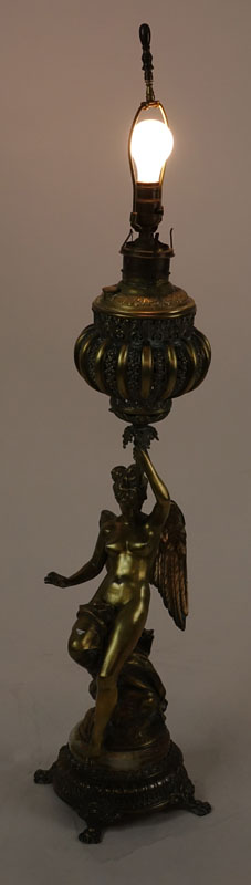 Large Mid Century Gilt Bronze and Onyx Winged Figural Piano Lamp Signed Beer.