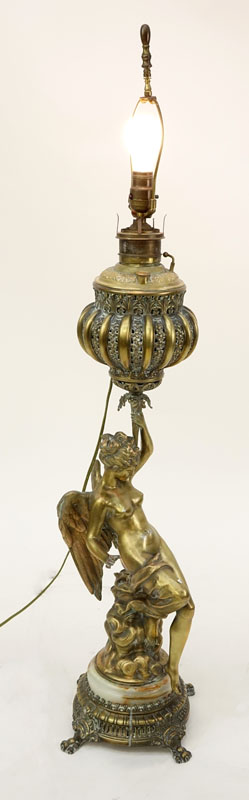 Large Mid Century Gilt Bronze and Onyx Winged Figural Piano Lamp Signed Beer.