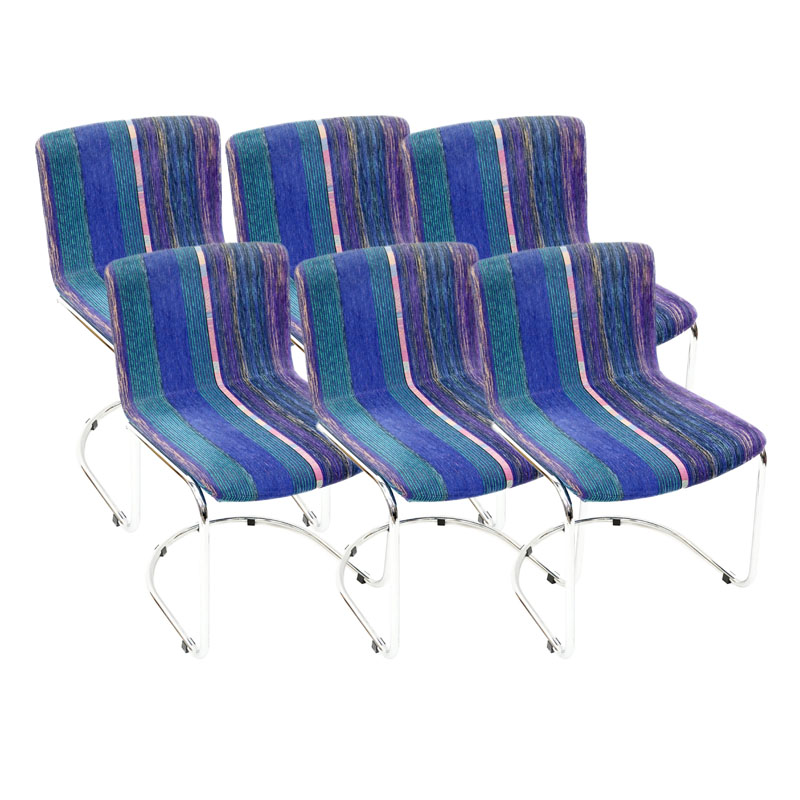 Set of Six (6) Giovanni Offred for Saporiti Italia   Upholstered and Cantilever Chrome Side Chairs.