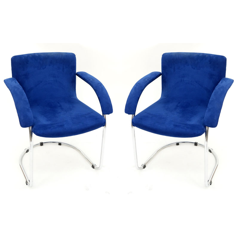 Pair of Giovanni Offred for Saporiti Italia Upholstered and Cantilever Chrome Armchairs.