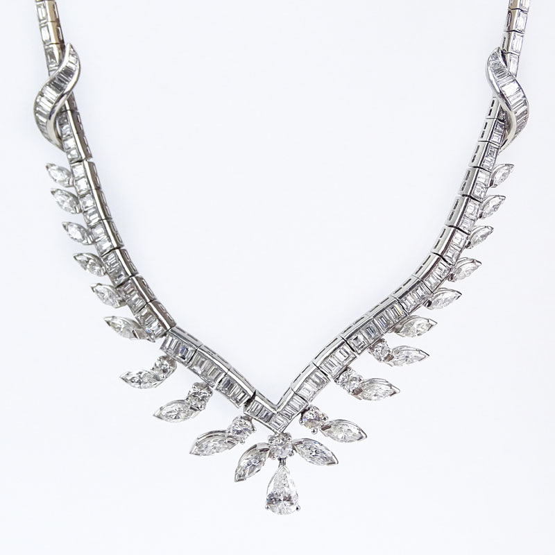 Vintage Approx. 14.0 Carat Pear Shape, Marquise and Baguette Cut Diamond and 14 Karat White Gold Necklace. 