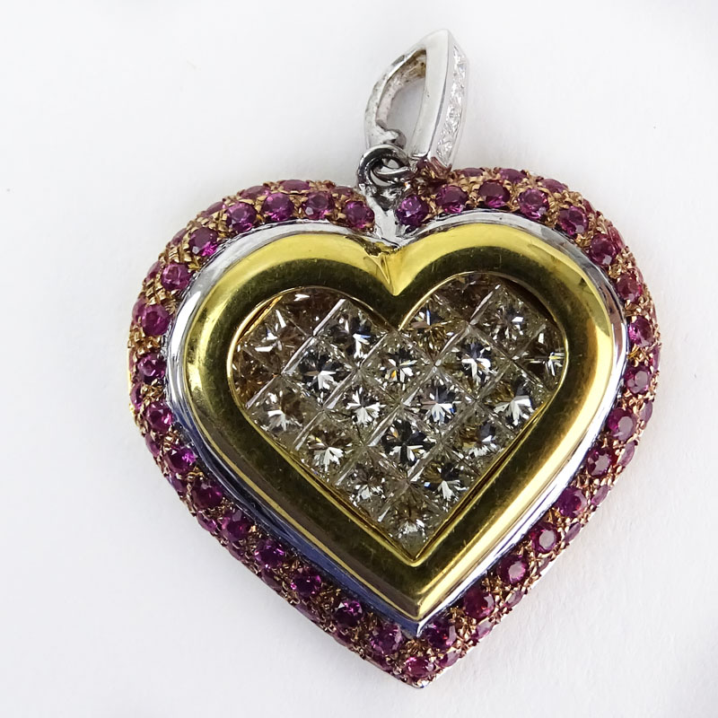 Approx. 3.10 Carat Princess Cut Diamond, 1.54 Carat Pave Set Pink Sapphire and 18 Karat Yellow and White Gold Heart Pendant. 