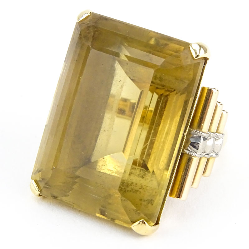 Large Retro Emerald Cut Citrine and 18 Karat Gold Ring.