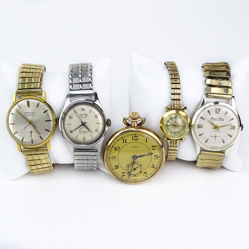 Collection of Five (5) Vintage Watches. Includes a lady's Omega, men's Hilton, Atrexa, Benson Electra and a CVMA pocket watch. 