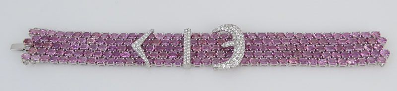 Contemporary Approx. 63.46 Carat Oval Cut Pink Sapphire, 2.16 Carat Round Brilliant Cut Diamond and 18 Karat White Gold Bracelet. 