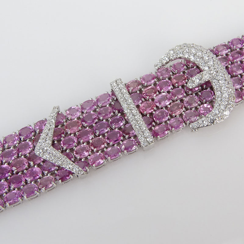 Contemporary Approx. 63.46 Carat Oval Cut Pink Sapphire, 2.16 Carat Round Brilliant Cut Diamond and 18 Karat White Gold Bracelet. 