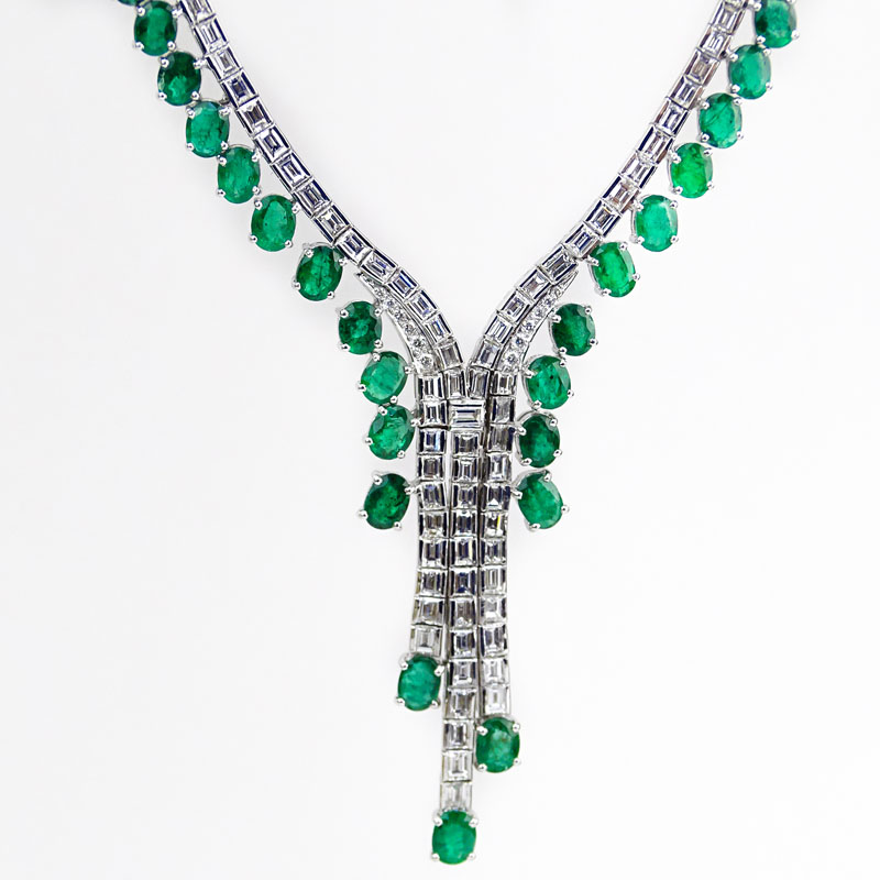 Contemporary Approx. 33.34 Carat Oval Cut Emerald, 14.02 Carat Baguette and Round Brilliant Cut Diamond and 18 Karat White Gold Necklace. 