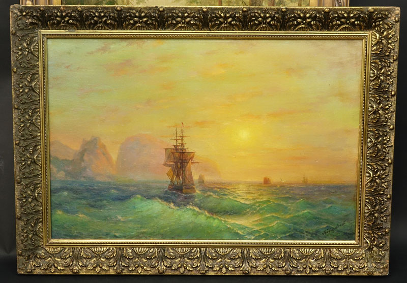 Attributed to: Ivan Konstantinovich Aivazovsky, Russian (1817-1900), Ship at Evening Sun.
