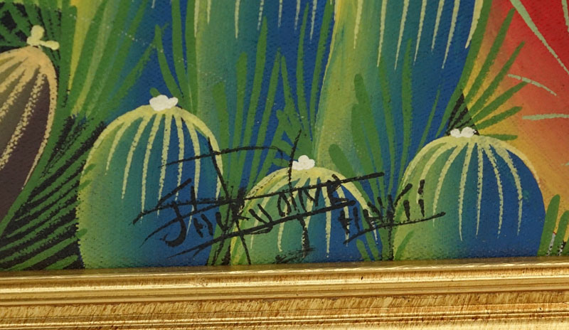 Contemporary Haitian Acrylic On Canvas "Jungle Scene" Signed lower right Jacky ____. Good condition. 